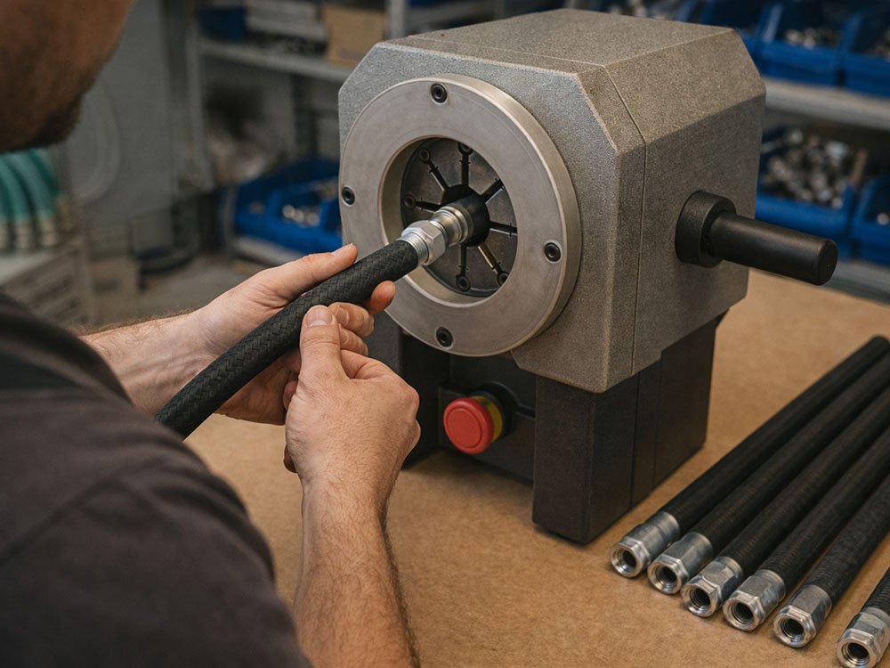 Anfertigung von Hydraulikschläuchen nach Maß Hydraulikschlauch wird an einer modernen Pressmaschine angefertigt
